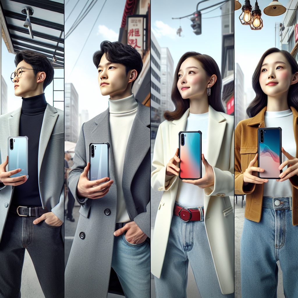 세대별 남녀가 각각 다른 색상의 최신형 스마트폰을 손에 들고 있는 장면