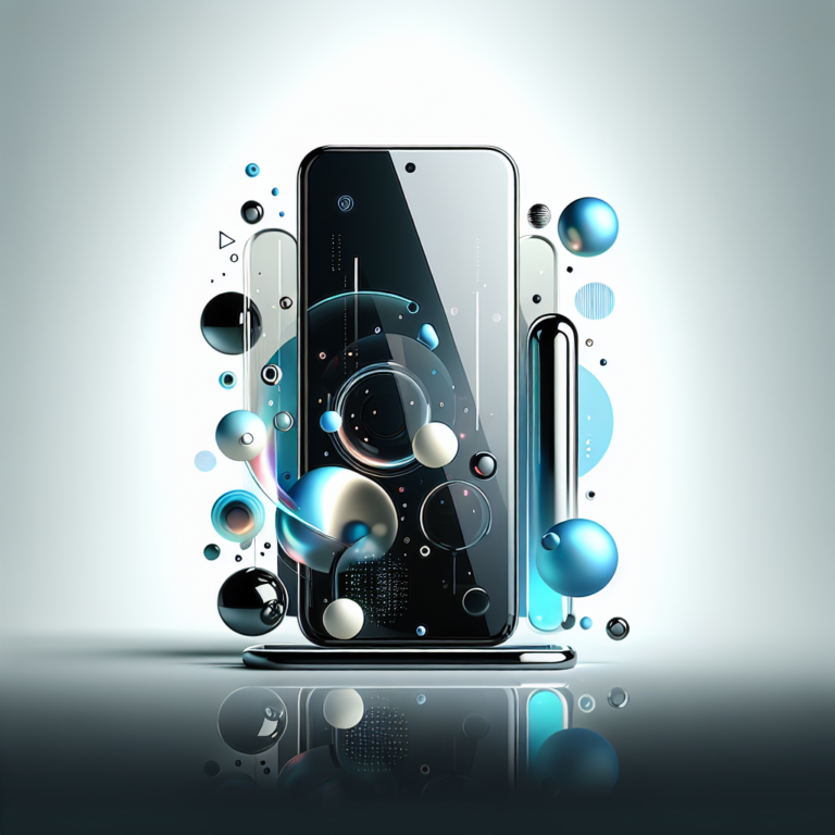 검은 화면의 스마트폰이 중앙에 배치되고, 주변에 구형과 원형 오브젝트가 떠 있는 미니멀한 디지털 일러스트.