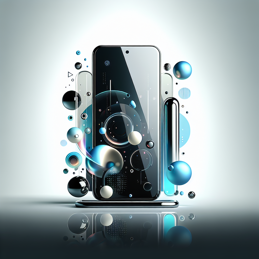 검은 화면의 스마트폰이 중앙에 배치되고, 주변에 구형과 원형 오브젝트가 떠 있는 미니멀한 디지털 일러스트.