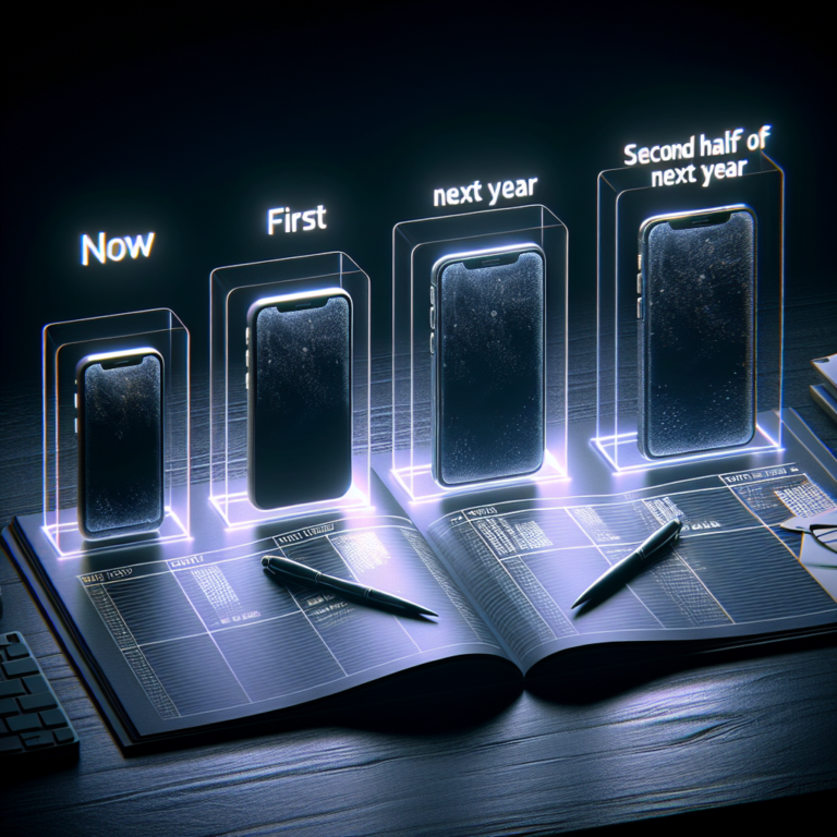 책상 위에 펼쳐진 노트 위로 ‘Now’, ‘First’, ‘next year’, ‘Second half of next year’ 단계가 표시된 스마트폰 형태의 홀로그램이 순차적으로 떠 있는 미래 계획과 시간의 흐름을 상징하는 콘셉트 이미지