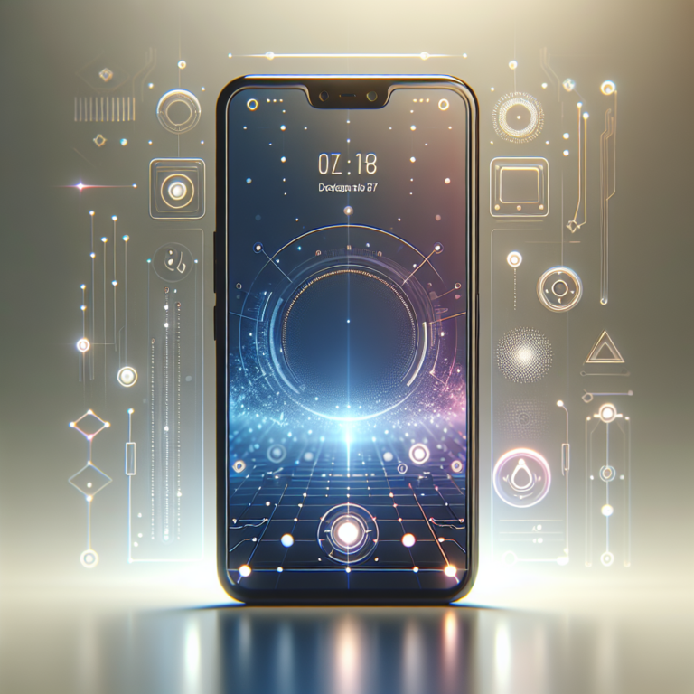 미래적인 UI 그래픽과 홀로그램 원형 인터페이스가 화면에 표시된 스마트폰이 빛나는 배경 중앙에 배치된 프리미엄 테크 콘셉트 이미지