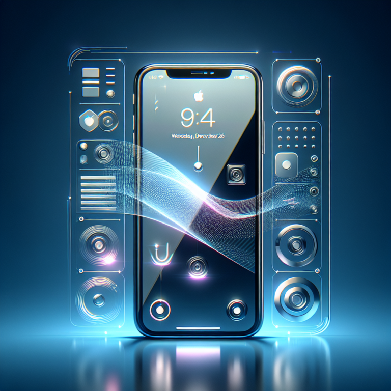 미래형 오디오 인터페이스와 파동 그래픽이 배경에 펼쳐진 가운데 중앙에 배치된 스마트폰 화면에 디지털 시계와 음성 아이콘이 표시된 하이테크 콘셉트 이미지