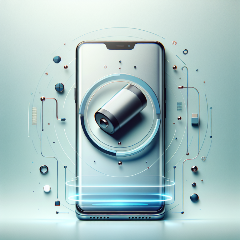 스마트폰 화면 중앙에 원통형 배터리 아이콘이 떠 있고, 주변에 회로와 원형 그래픽 요소가 배치된 미래적인 일러스트로 모바일 배터리와 충전 기술을 상징한다.