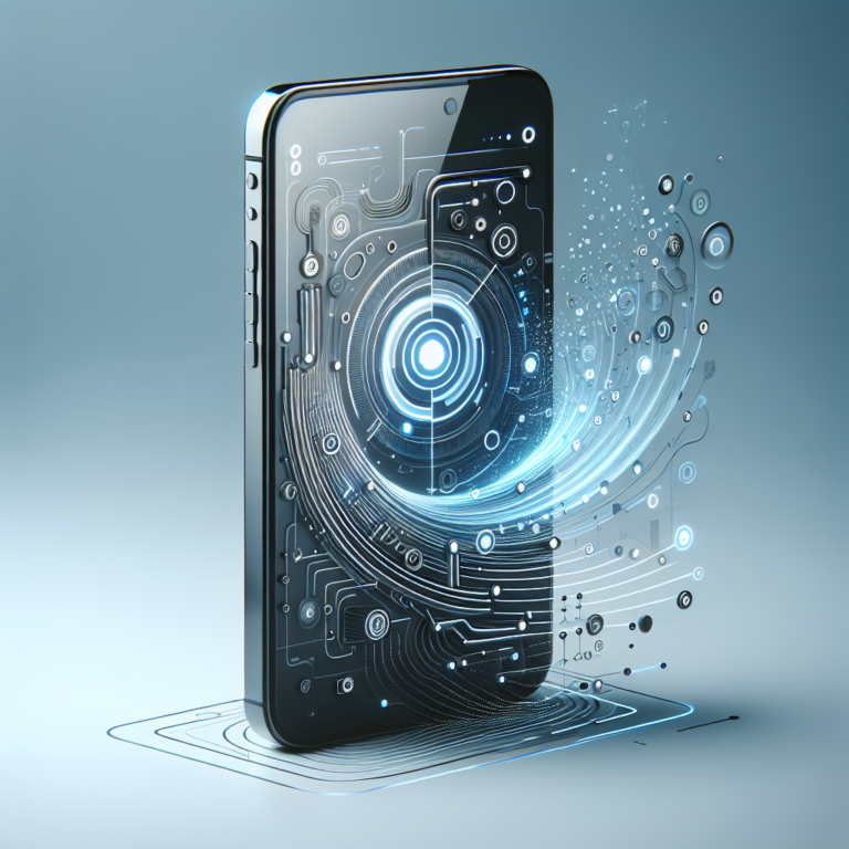 스마트폰 전면에 회로 패턴과 빛나는 데이터 흐름이 겹쳐 표현된 이미지로, 모바일 기술과 디지털 처리 과정을 시각화한 일러스트.
