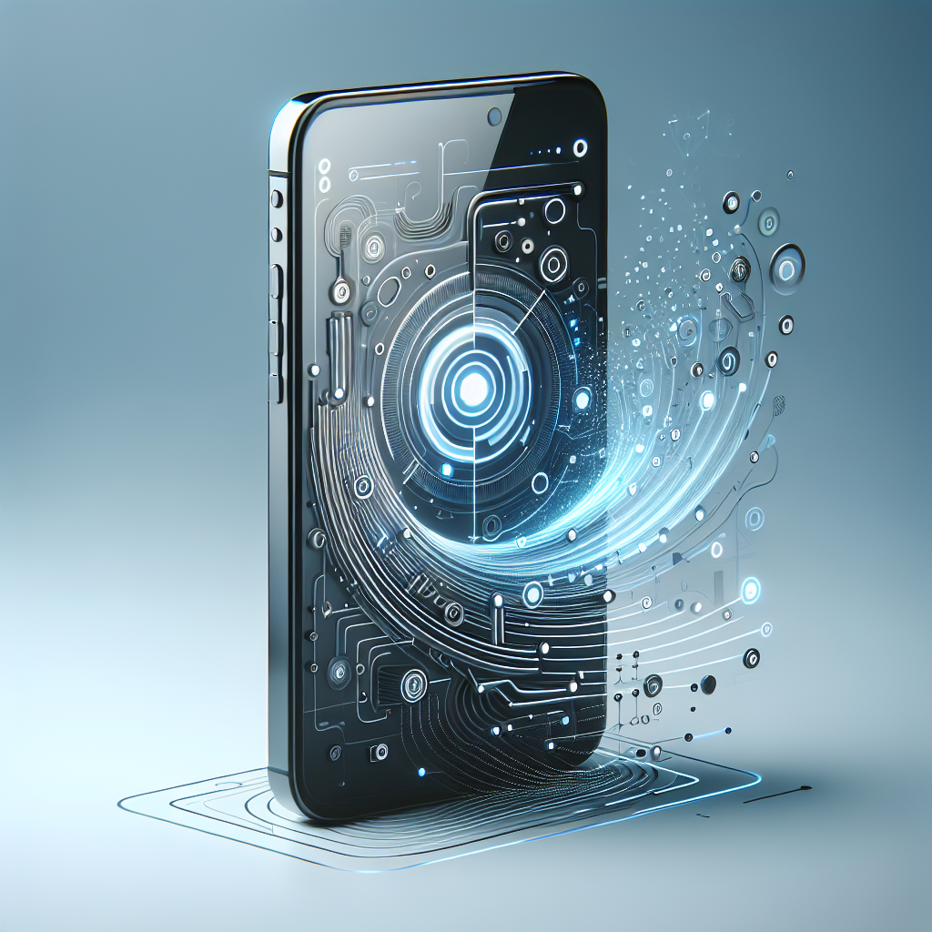 스마트폰 전면에 회로 패턴과 빛나는 데이터 흐름이 겹쳐 표현된 이미지로, 모바일 기술과 디지털 처리 과정을 시각화한 일러스트.