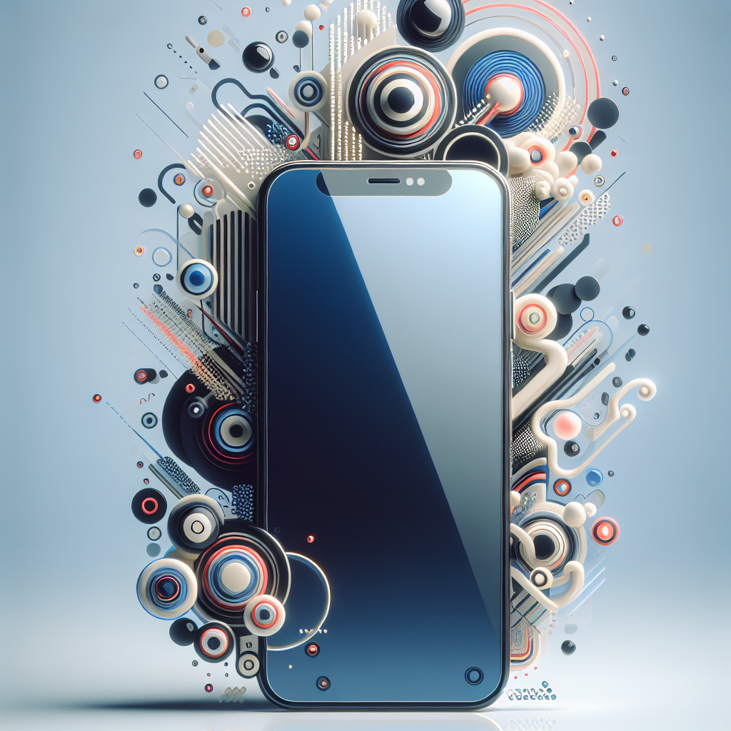 스마트폰 화면이 중앙에 배치되고, 주변에 원형과 선형 패턴의 그래픽 요소가 확산되는 디지털 일러스트.