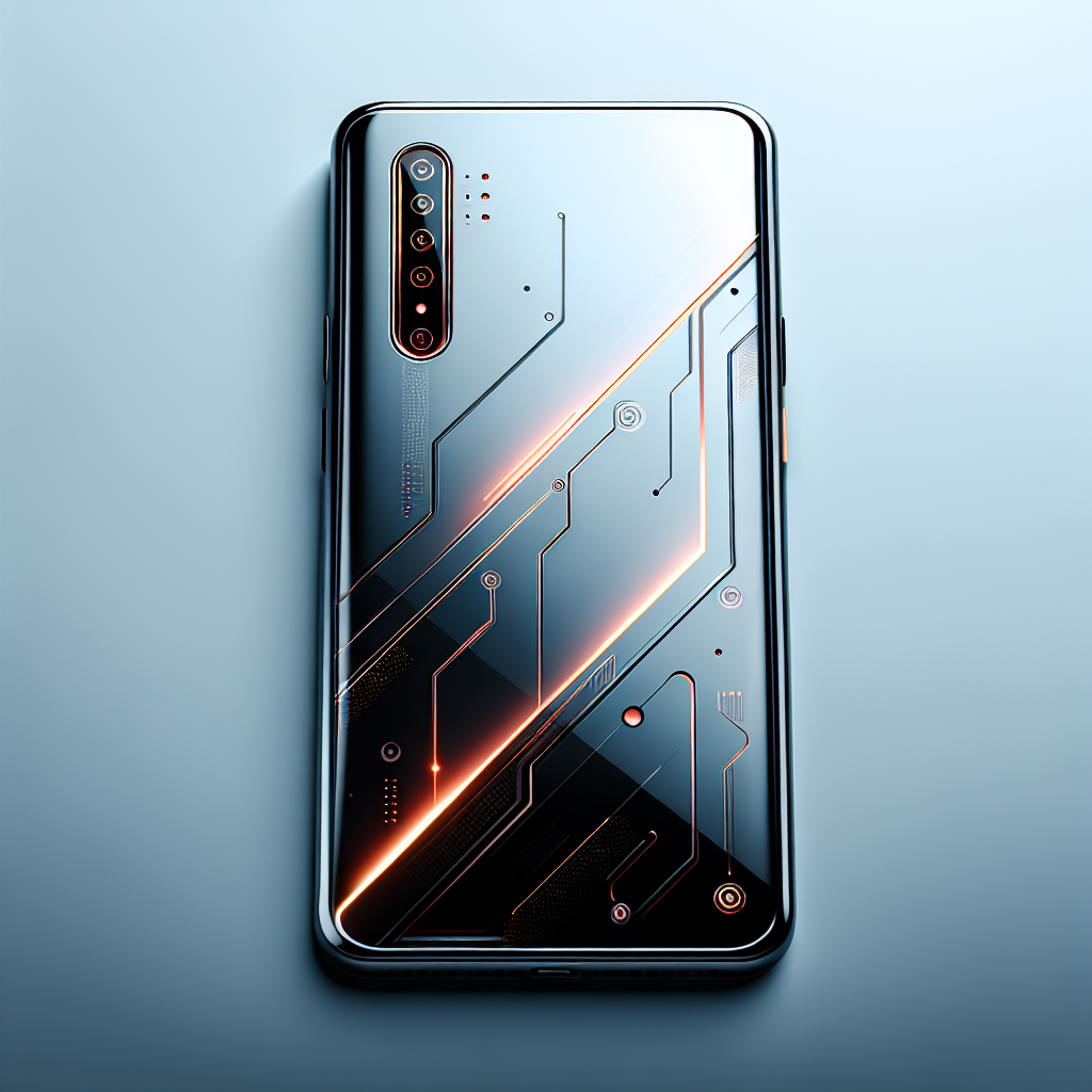후면 카메라가 보이는 스마트폰 뒷면에 회로 패턴과 빛나는 선이 표현된 디지털 일러스트.