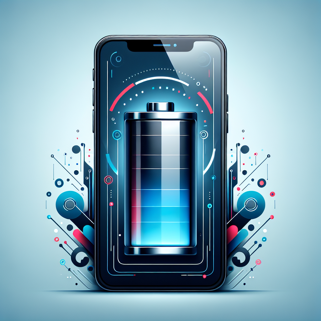 스마트폰 화면 중앙에 배터리 아이콘이 표시되고, 주변에 그래픽 요소가 배치된 디지털 일러스트.