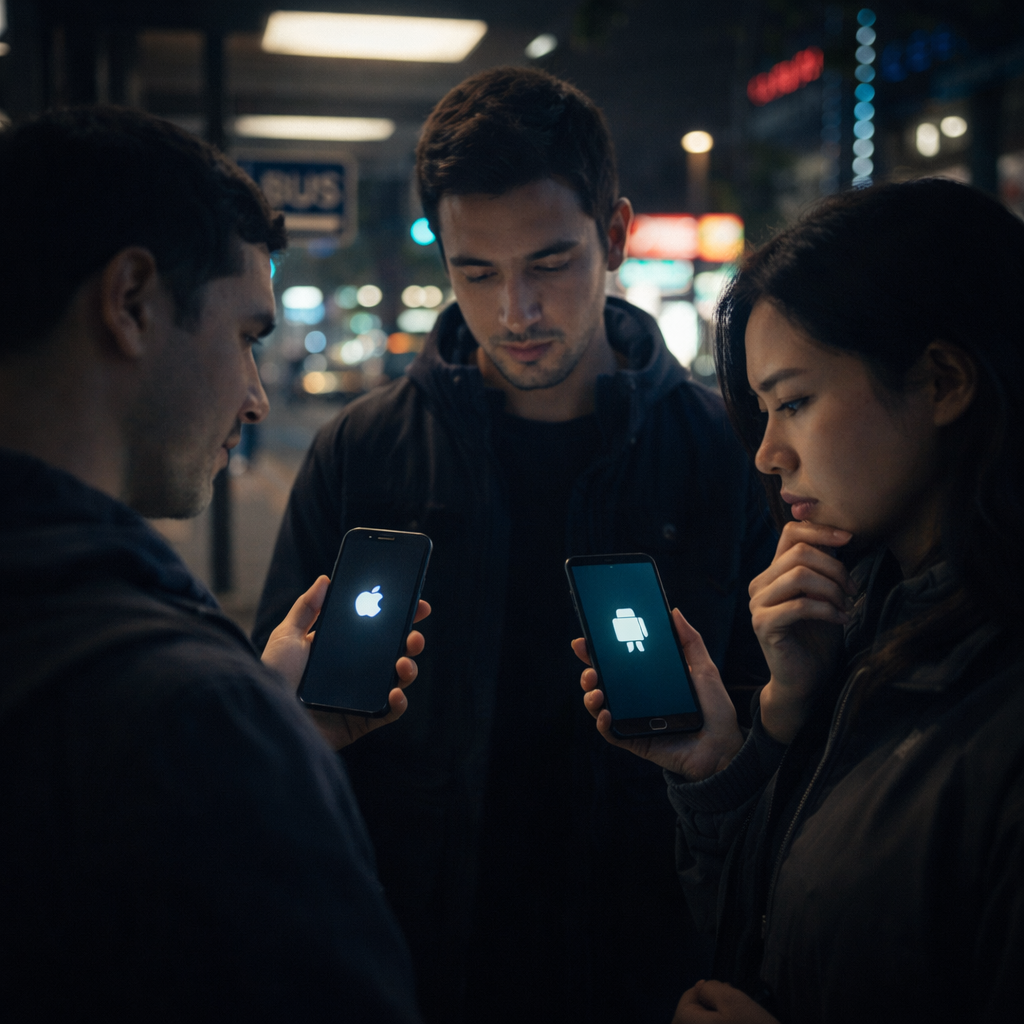 야간 버스 정류장에서 세 사람이 스마트폰 실루엣을 비교해 보며 아이폰17e와 안드로이드 중급기 중 어떤 선택이 자신에게 맞을지 고민하는 장면