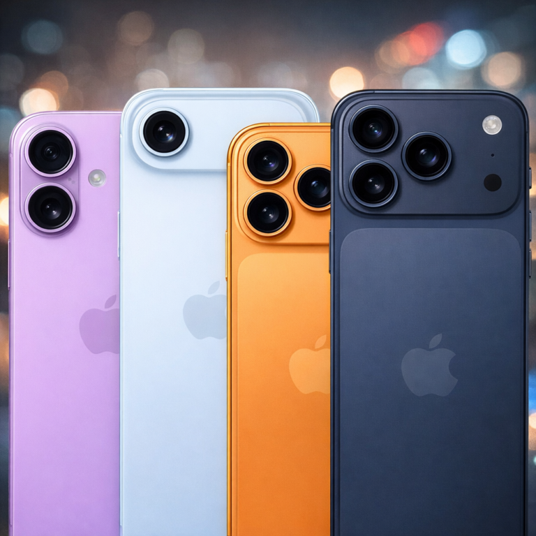 다양한 색상의 스마트폰이 나란히 배치된 정방형 테크 콘셉트 썸네일 이미지