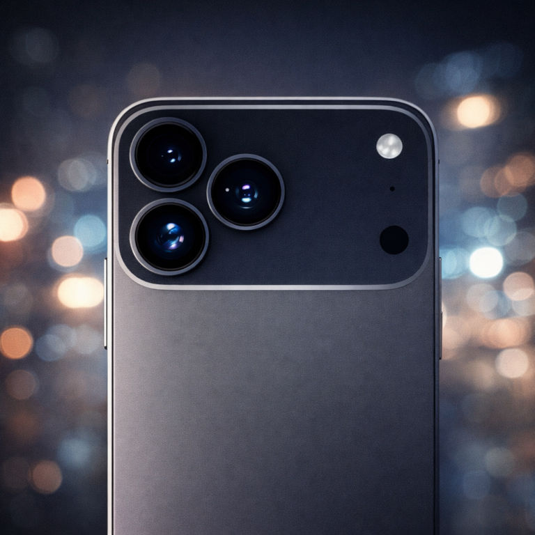 후면 상단에 트리플 카메라 모듈이 배치된 메탈릭 스마트폰을 부드러운 보케 조명 배경으로 표현한 정방형 테크 콘셉트 이미지
