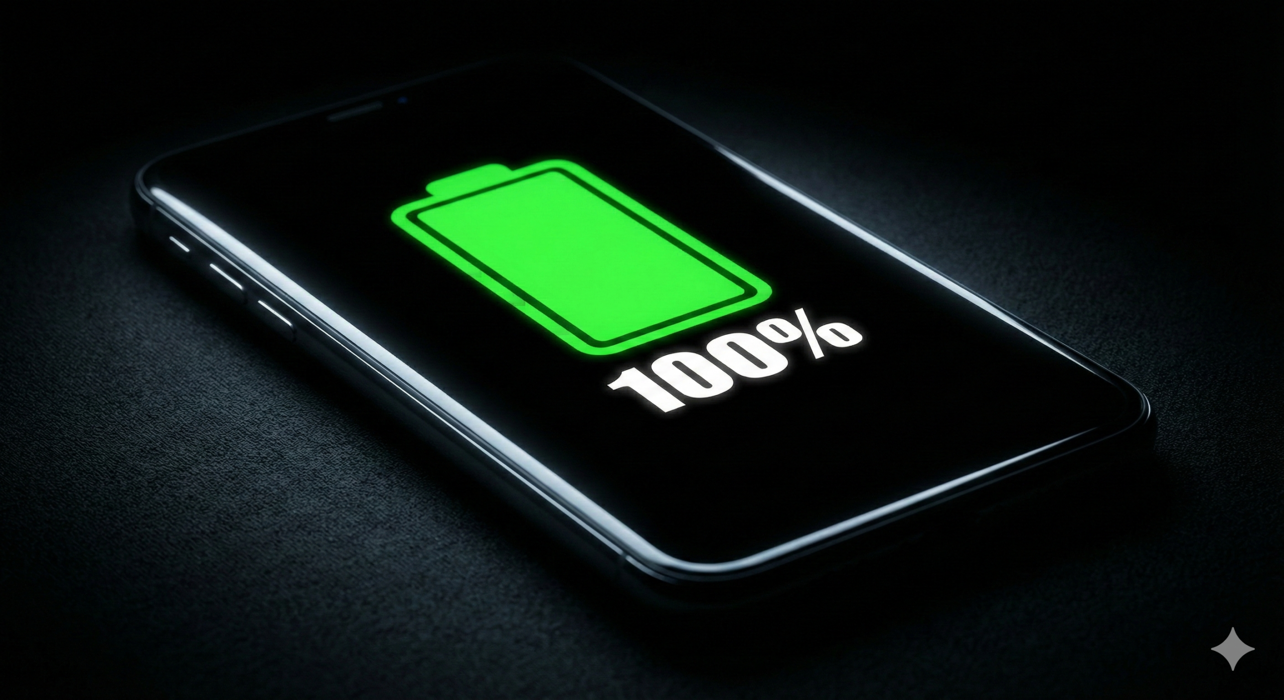어두운 배경 속 스마트폰 화면에 초록색 배터리 아이콘이 100%로 가득 차 있다