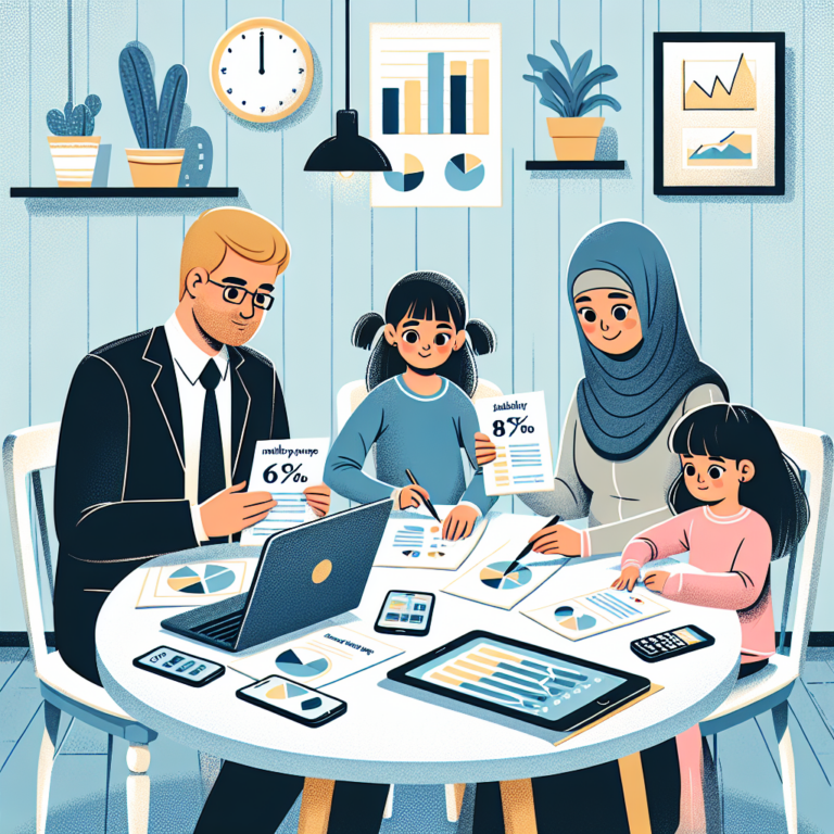 식탁에 둘러앉은 직장인과 가족이 노트북과 스마트폰 화면의 요금제 카드와 막대그래프를 함께 살펴보는 밝은 톤 일러스트