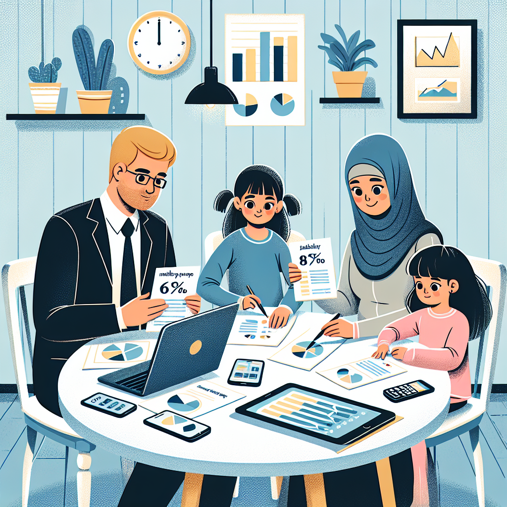 식탁에 둘러앉은 직장인과 가족이 노트북과 스마트폰 화면의 요금제 카드와 막대그래프를 함께 살펴보는 밝은 톤 일러스트