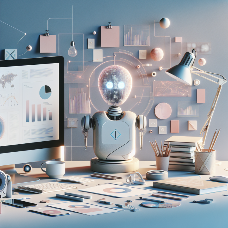 책상 위 스마트폰 화면에 AI 관련 그래픽이 표시되고 주변에 노트북과 메모지가 놓인 실내 작업 공간