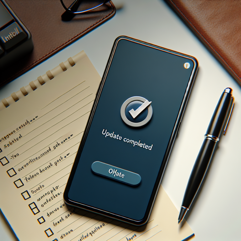 책상 위 스마트폰 화면에 ‘업데이트 완료’ 알림이 보이고 옆에 체크리스트 메모와 볼펜이 놓여 있다