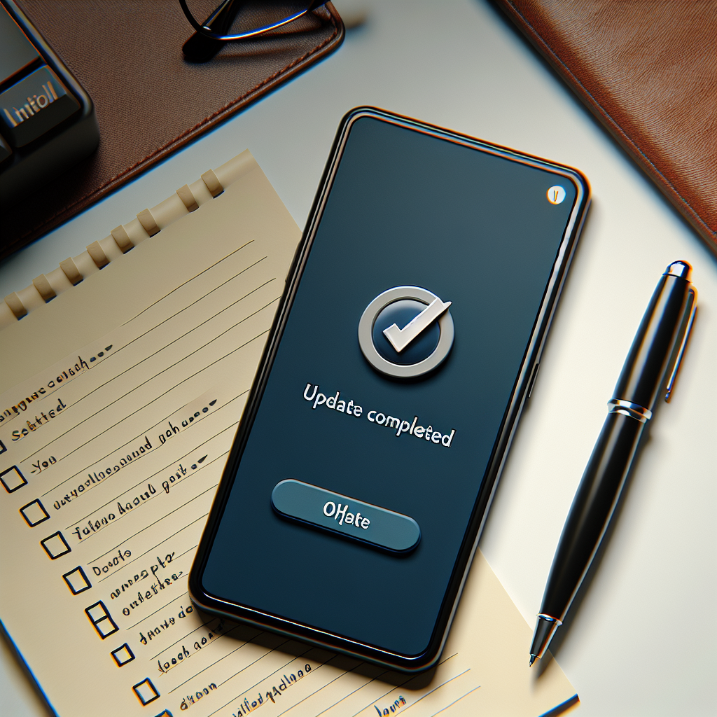 책상 위 스마트폰 화면에 ‘업데이트 완료’ 알림이 보이고 옆에 체크리스트 메모와 볼펜이 놓여 있다