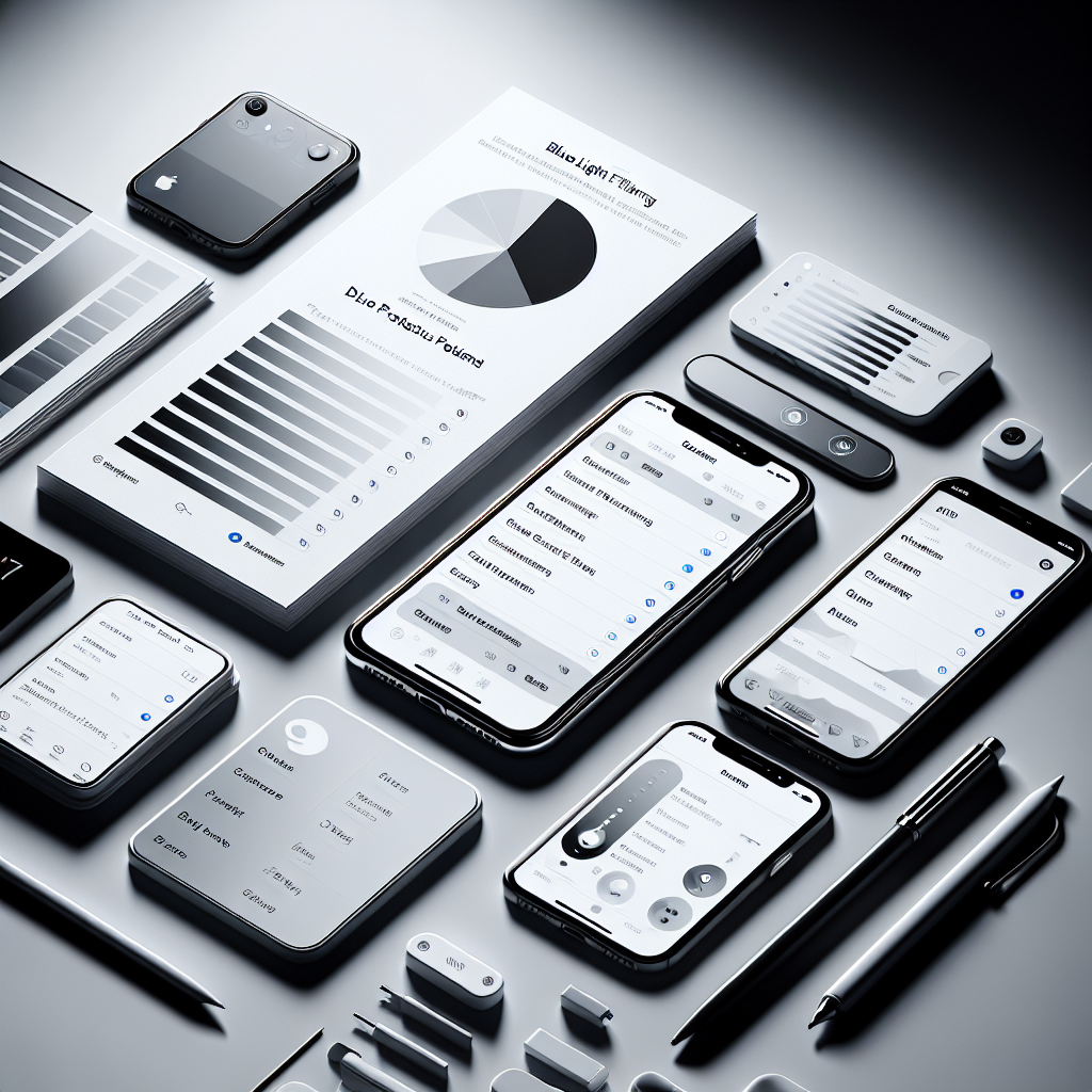 책상 위 스마트폰 화면에 흑백모드와 밝기 조절 화면이 나란히 보이고 옆에 안경과 메모지가 놓인 장면