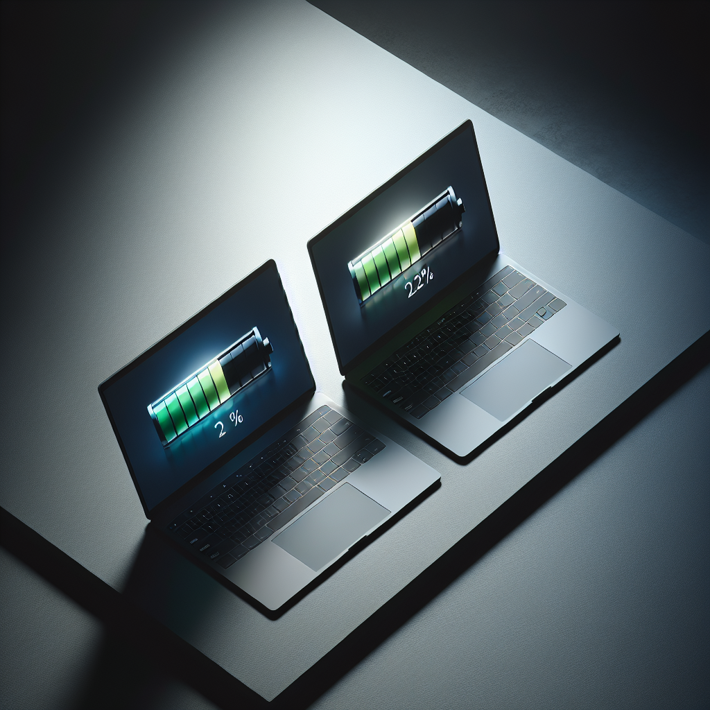 어두운 화면과 밝은 화면의 노트북이 나란히 놓여 있고 각기 다른 배터리 잔량 게이지가 위에서 보인다