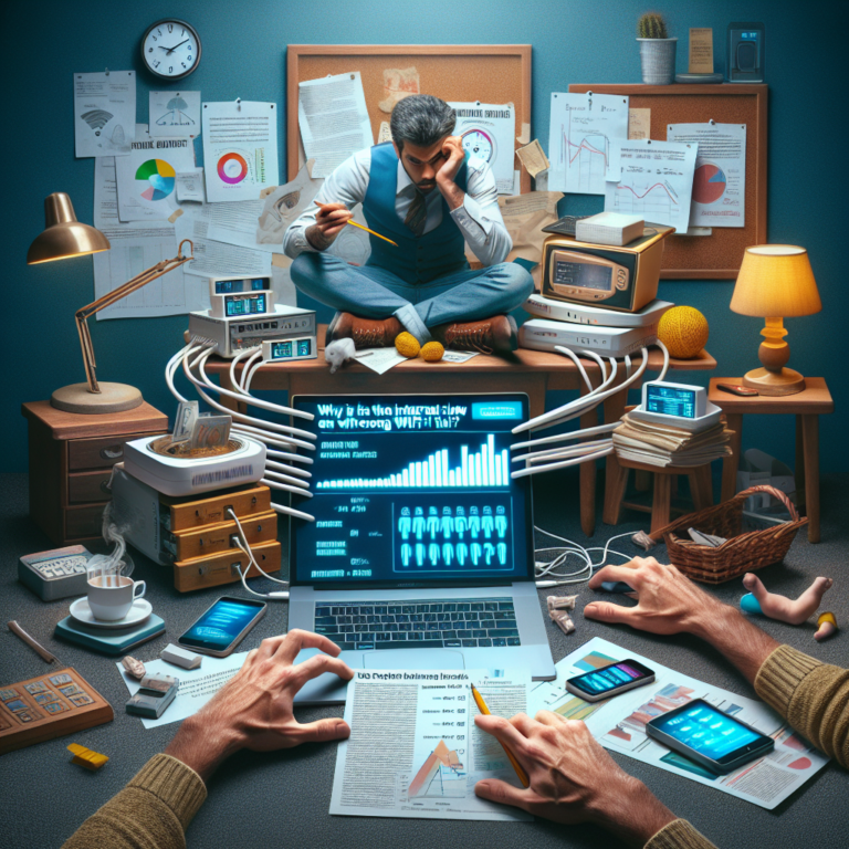 책상 위 공유기와 노트북이 놓여 있고 화면에 와이파이 신호와 속도 그래프가 보이는 장면