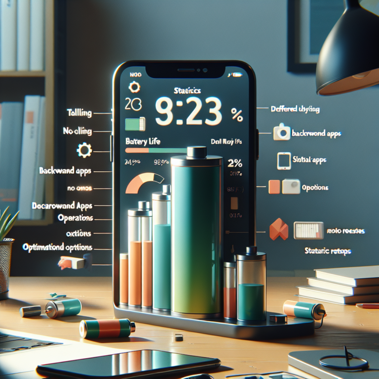 책상 위 스마트폰 화면에 배터리 사용량 통계가 표시되고 옆에 노트북과 필기구가 놓인 장면