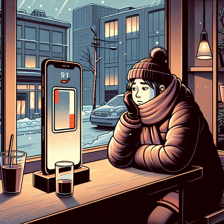 겨울옷을 입은 사람이 카페 창가에 앉아 배터리가 줄어든 스마트폰을 보며 허탈한 표정을 짓는 일러스트