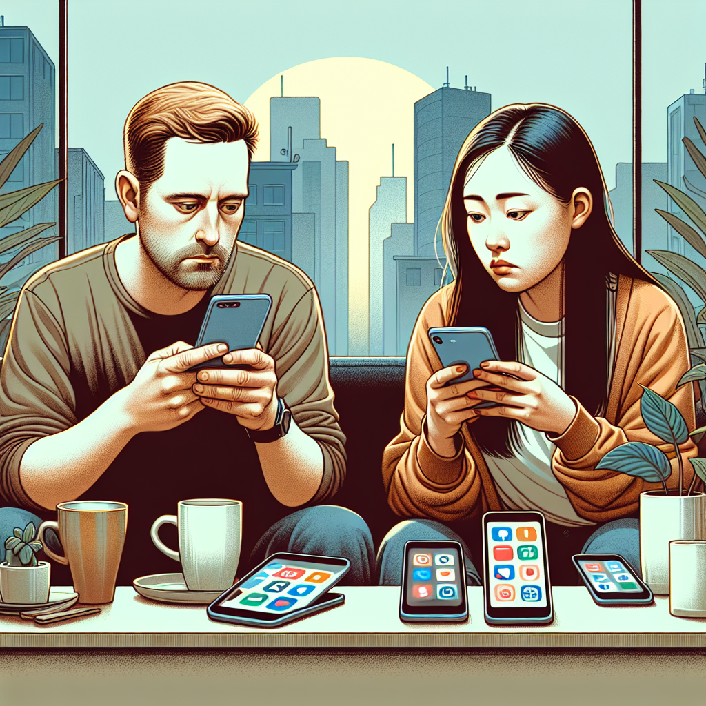 도시 카페나 거실 소파에 앉은 30대 남녀가 스마트폰 화면의 여러 앱 아이콘을 보며 고민하는 일상적인 장면