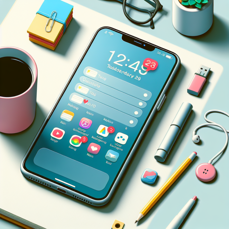 밝은 화면의 스마트폰이 책상 위에 놓이고 주변에 머그컵, 노트, 안경이 차분한 톤으로 배치된 장면