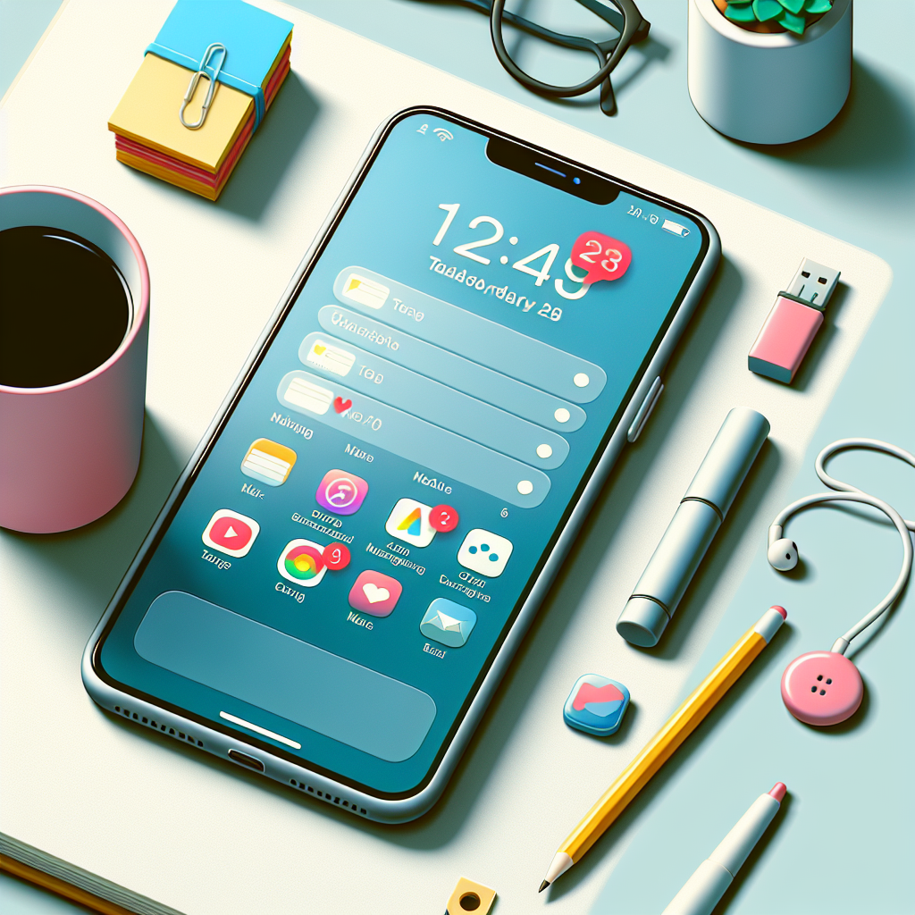 밝은 화면의 스마트폰이 책상 위에 놓이고 주변에 머그컵, 노트, 안경이 차분한 톤으로 배치된 장면