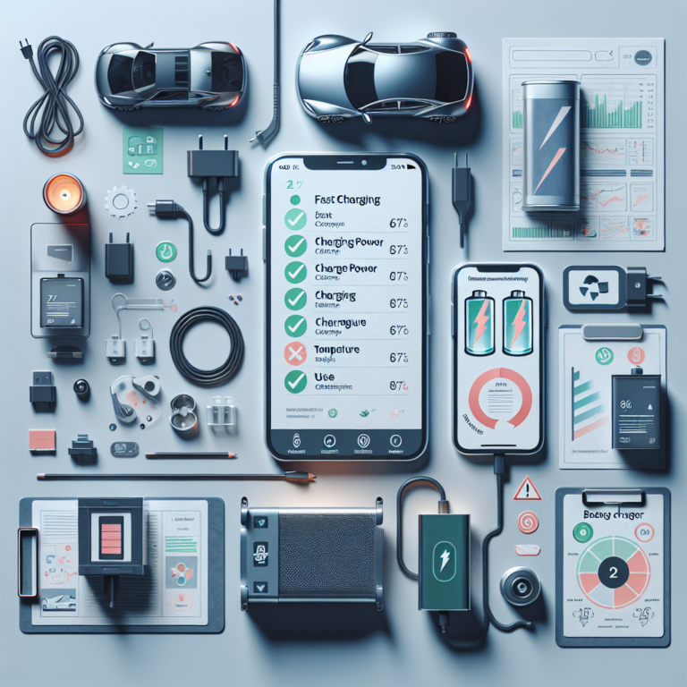 책상 위 전기차 모형과 스마트폰 옆에 배터리 충전 그래프와 체크리스트가 펼쳐진 장면