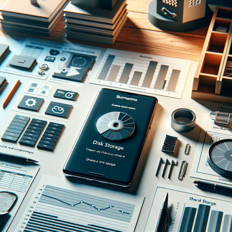 책상 위 스마트폰 화면의 저장공간 설정 메뉴와 옆에 놓인 메모지, 중립적인 조명