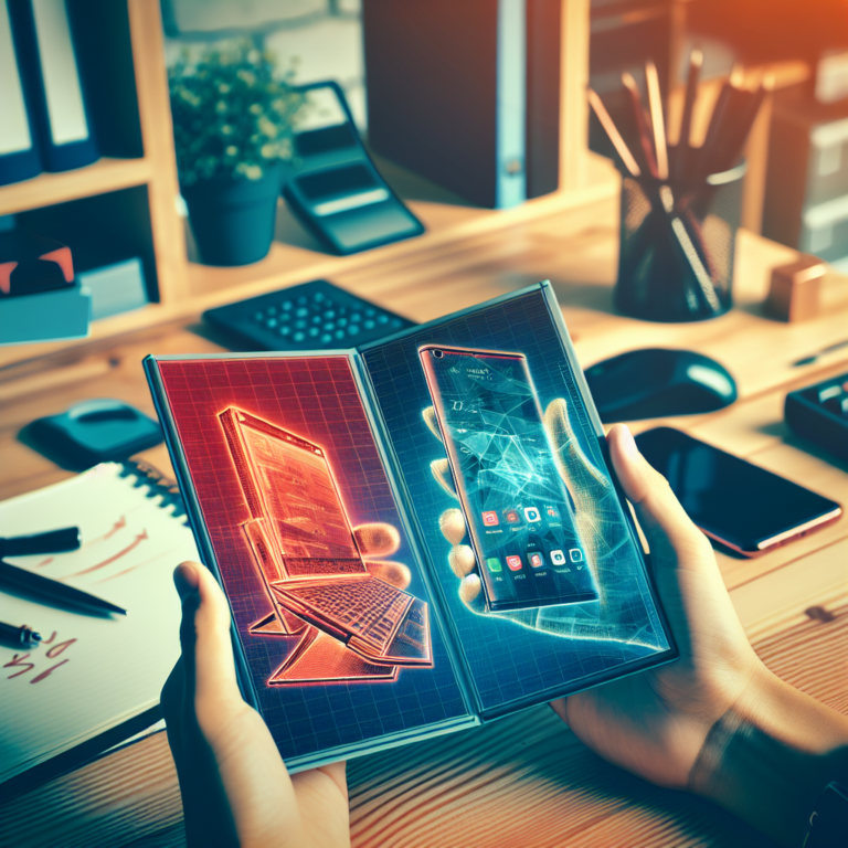 실내 책상 위에 접힌 폴더블폰과 일반 스마트폰이 나란히 놓여 있고 한쪽 화면에 붉은 열화상 느낌 오버레이가 입혀져 있다