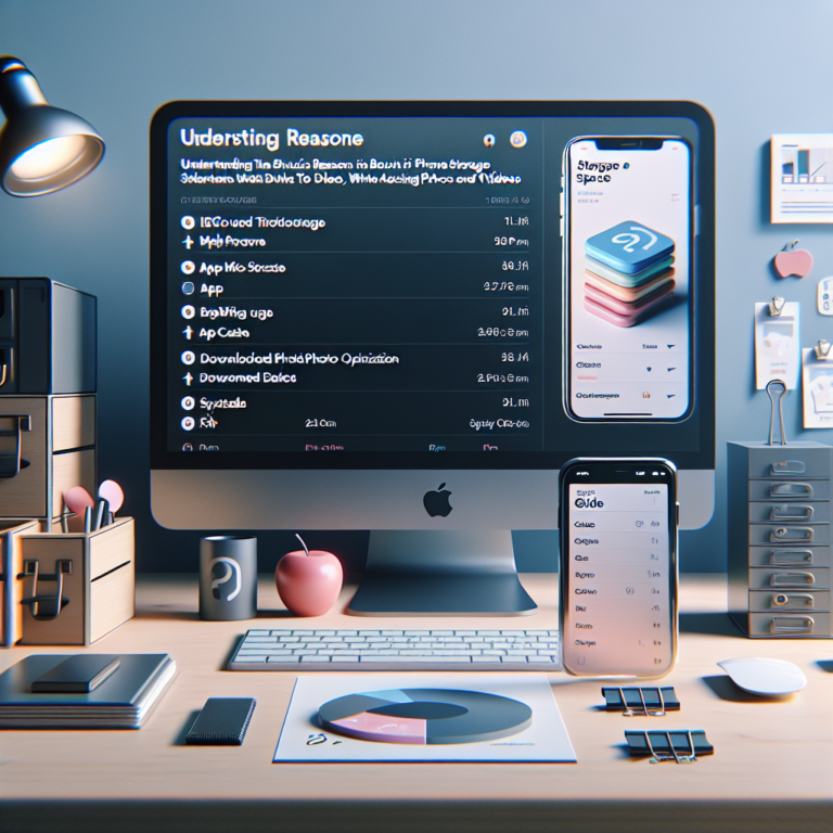 책상 위 스마트폰 화면에 저장공간 막대 그래프와 폴더 아이콘이 정리된 차트가 함께 놓인 장면