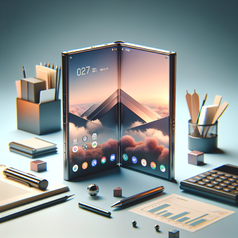 책상 위에 접힌 스마트폰과 펼친 스마트폰이 나란히 놓여 있고 옆에 가격 메모가 보이는 장면