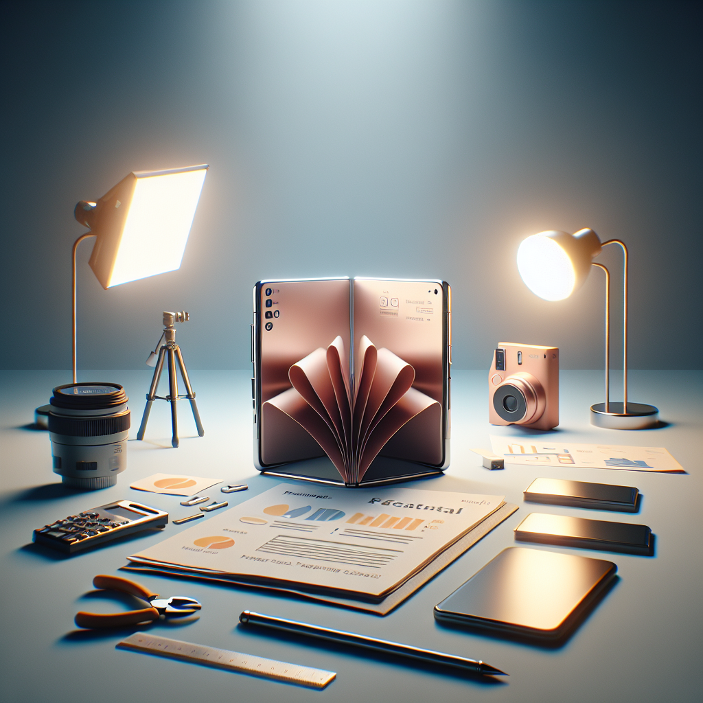 밝은 책상 위에 화면을 펼친 접이식 스마트폰과 노트북, 메모지가 단정히 놓여 있다