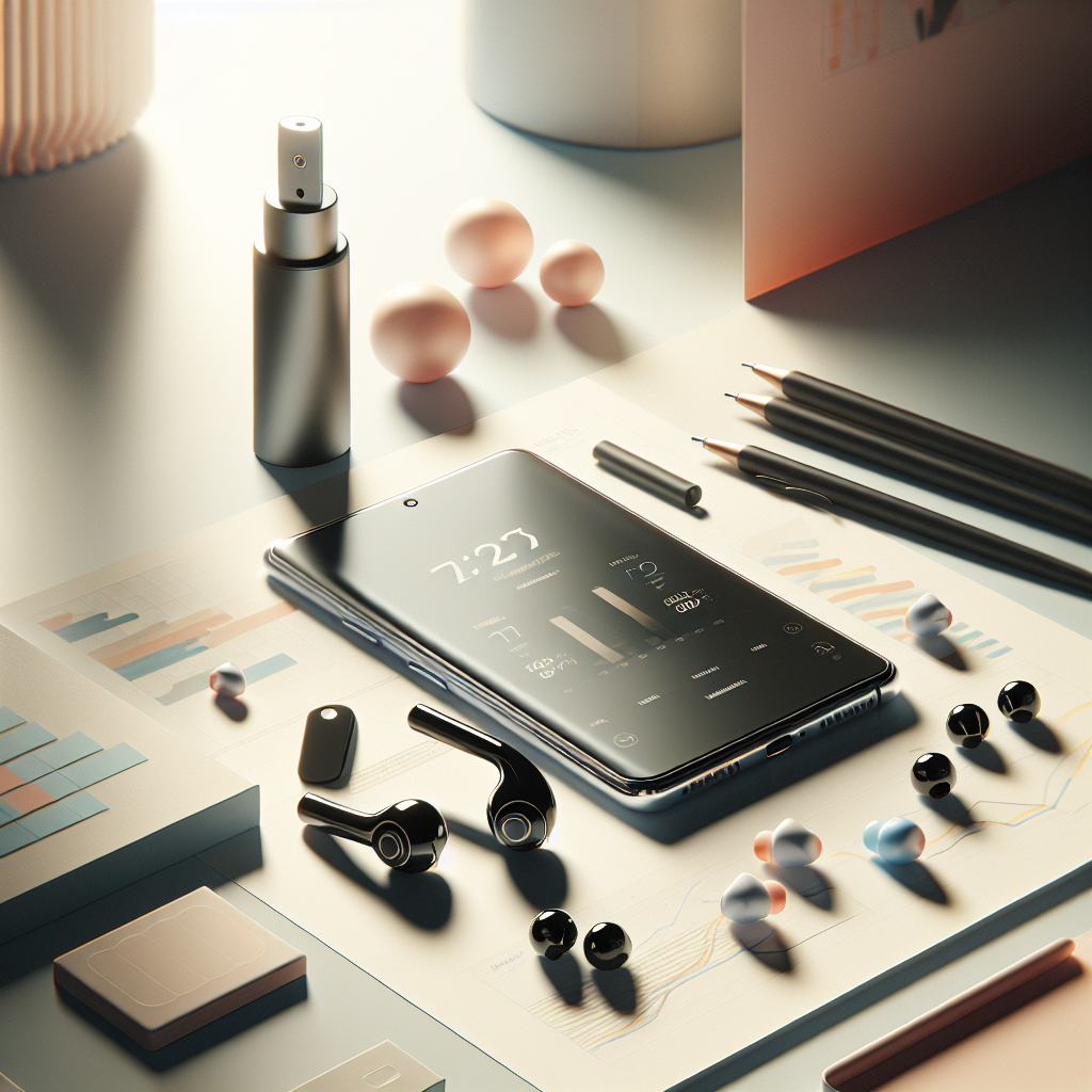 책상 위 스마트폰 화면 옆에 무선 이어폰과 간단한 배터리 통계 차트가 놓인 차분한 실내 장면